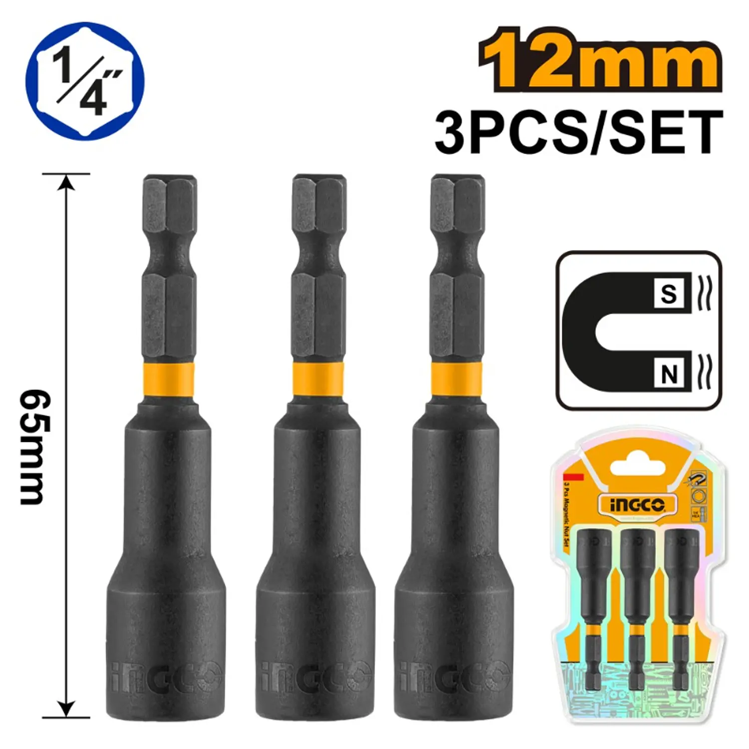 ADAPTADOR INGCO MAGNETICO 1/4 DR PARA DADOS JGO 3 PZAS. 12 MM #AMN1231