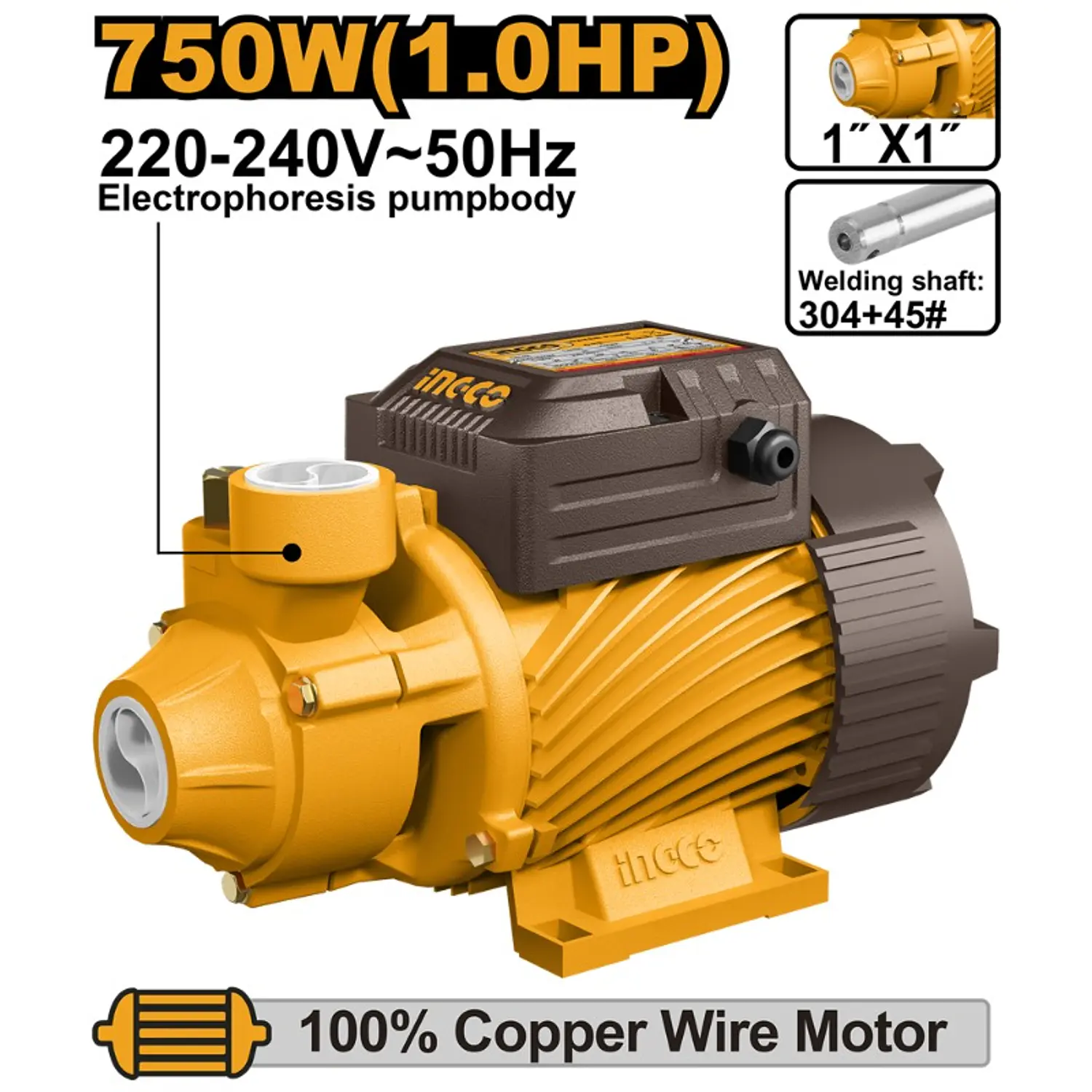 BOMBA AGUA INGCO PERIFERICA 750 WATTS - 1,0 HP MAX.SUCCION 8 MTS.# VPM75068
