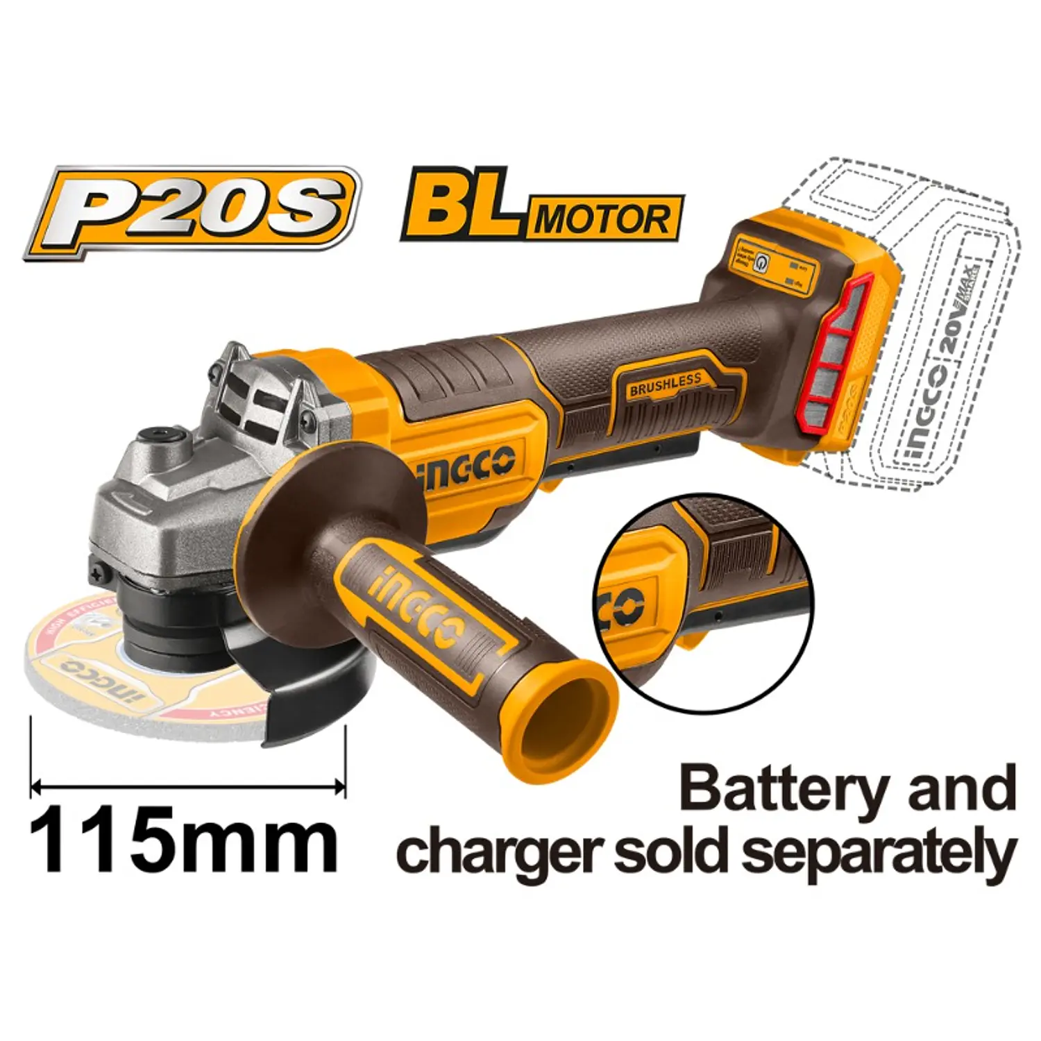 ESMERIL ANGULAR INGCO INALAMBRICO 20V S/BAT S/CARGADOR 115MM #CAGLI211156 (C)