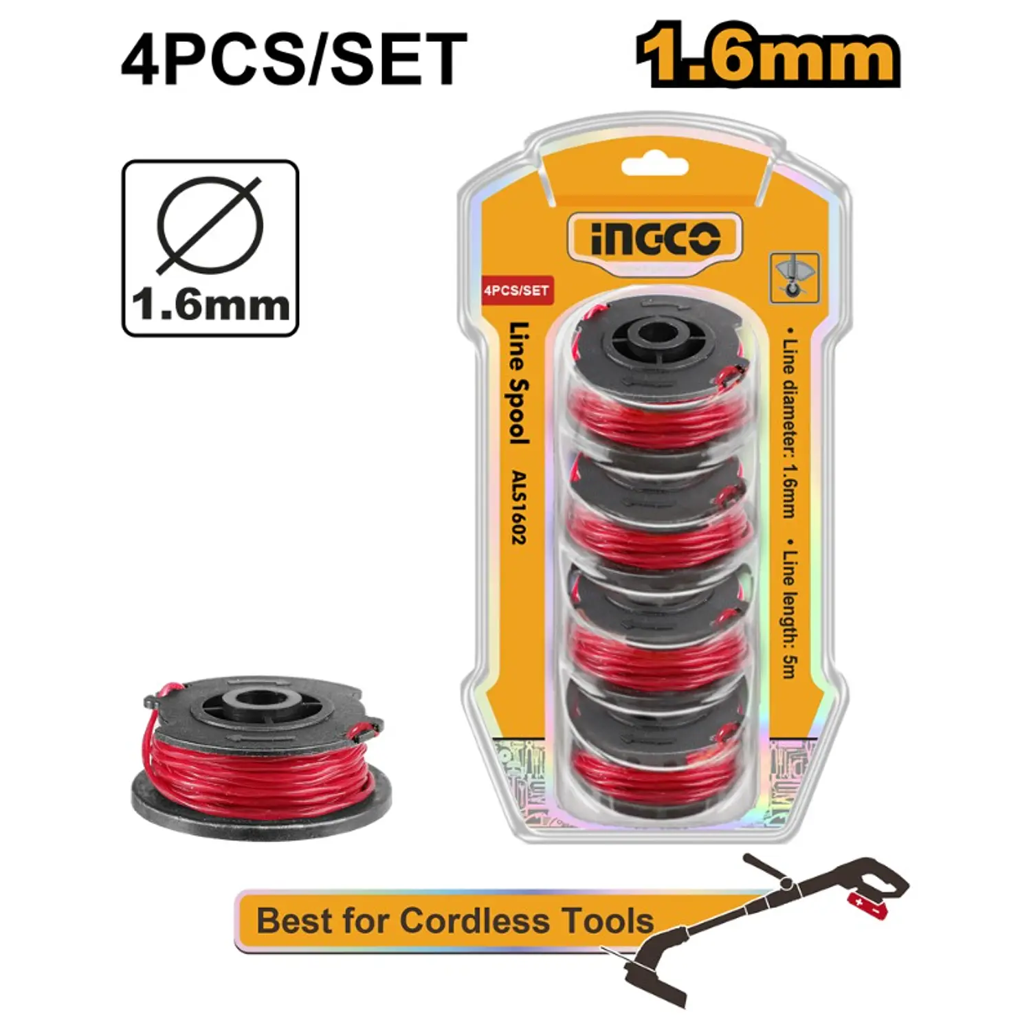 NYLON INGCO P/ORILLADORA 1,6 MM JGO.4 BOBINAS DE 5 MTS.C/U # ALS1602