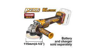 ESMERIL ANGULAR INGCO INALAM. 20V SIN BATERIA Y SIN CARGADOR # CAGLI27153 (C)