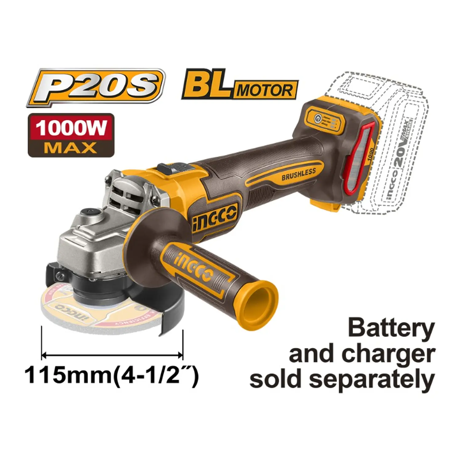 ESMERIL ANGULAR INGCO INALAM. 20V SIN BATERIA Y SIN CARGADOR # CAGLI27153 (C)