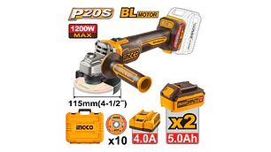 ESMERIL ANGULAR INGCO INALAMBRICO 20V C/ 2 BAT. Y C/1 CARGADOR 115MM # CAGLI2211532 (C)
