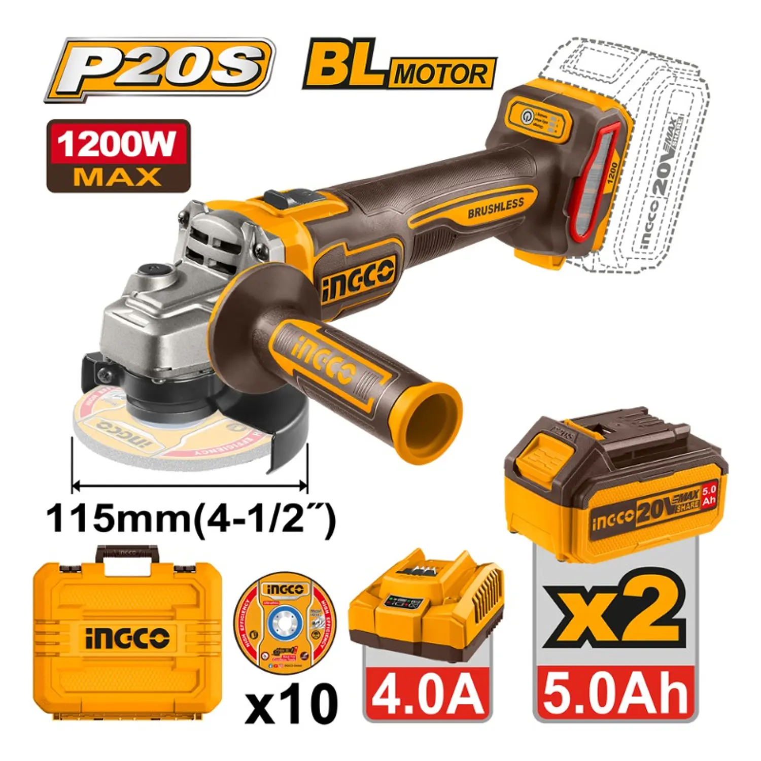 ESMERIL ANGULAR INGCO INALAMBRICO 20V C/ 2 BAT. Y C/1 CARGADOR 115MM # CAGLI2211532 (C)