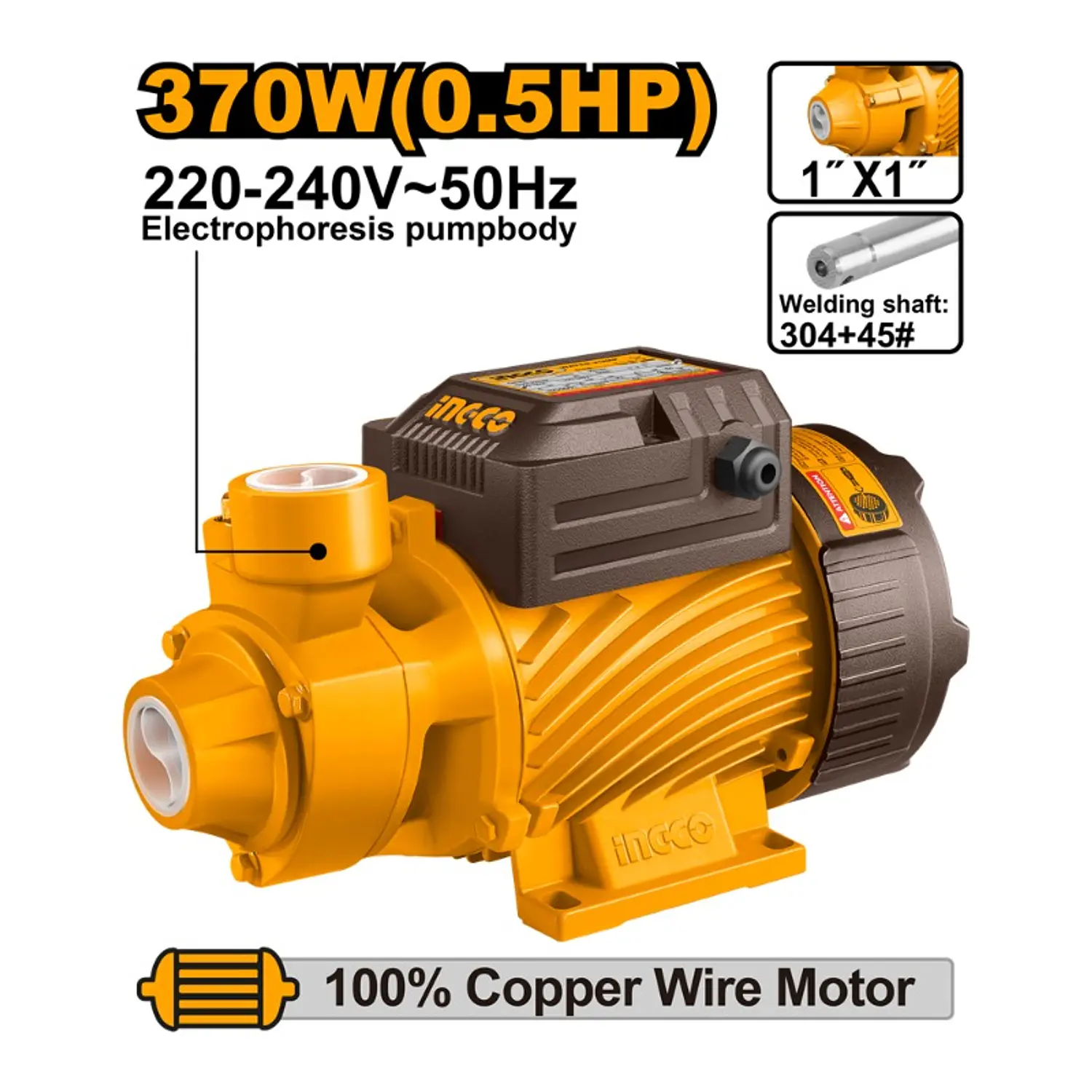 BOMBA AGUA INGCO PERIFERICA 370 WATTS - 0,5 HP MAX.SUCCION 8 MTS.# VPM37068