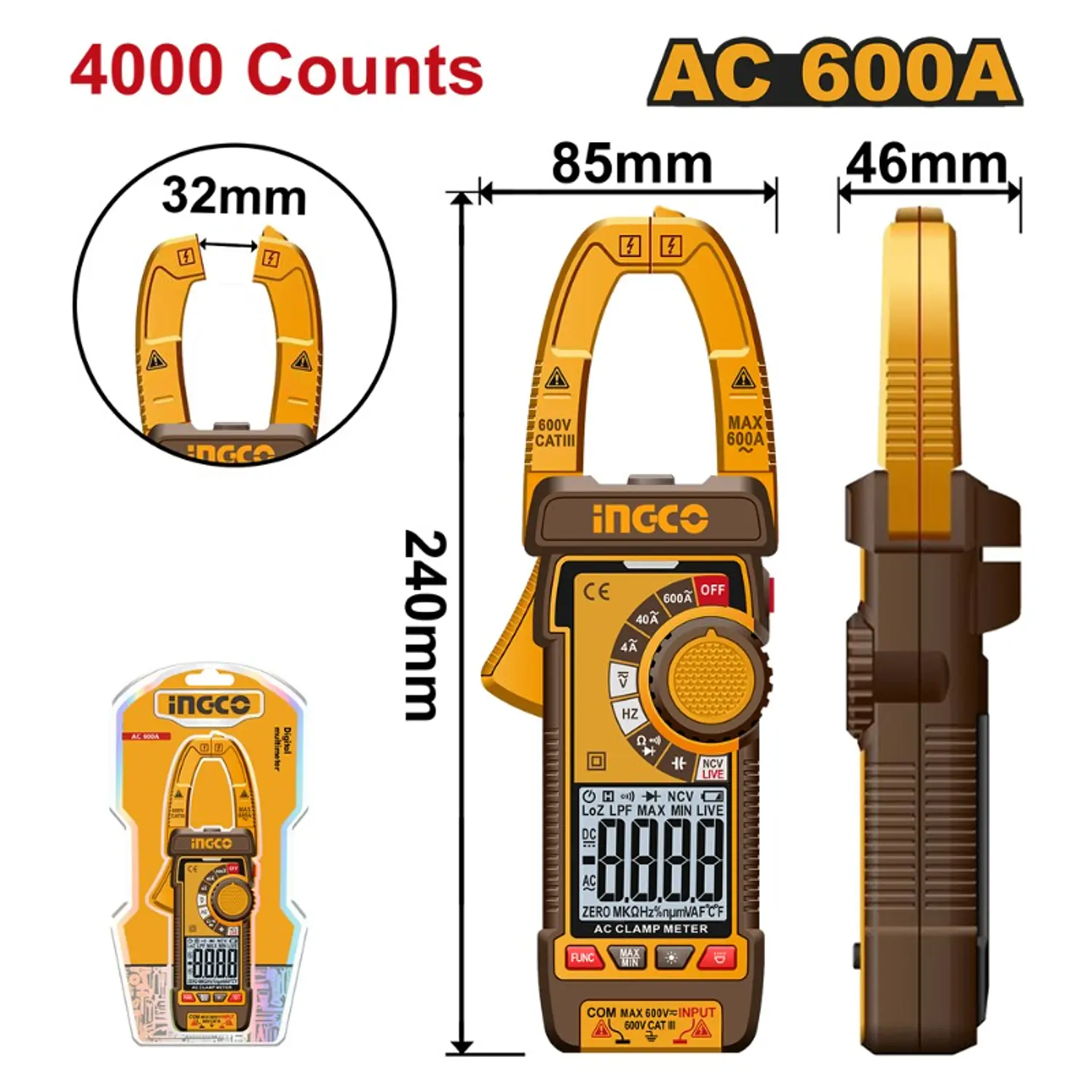 MULTITESTER DIGITAL INGCO C/PINZA AMPERIMETRICA C/3 PILAS AAA # DCM66001