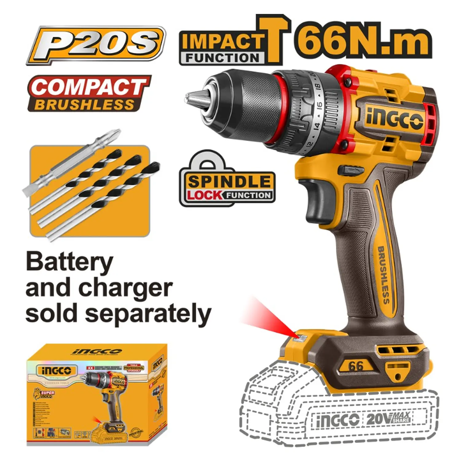TALADRO INGCO INALAMBRICO DE IMPACTO 20V - SIN BATERIA Y SIN CARGADOR #CIDLI206681 (C)