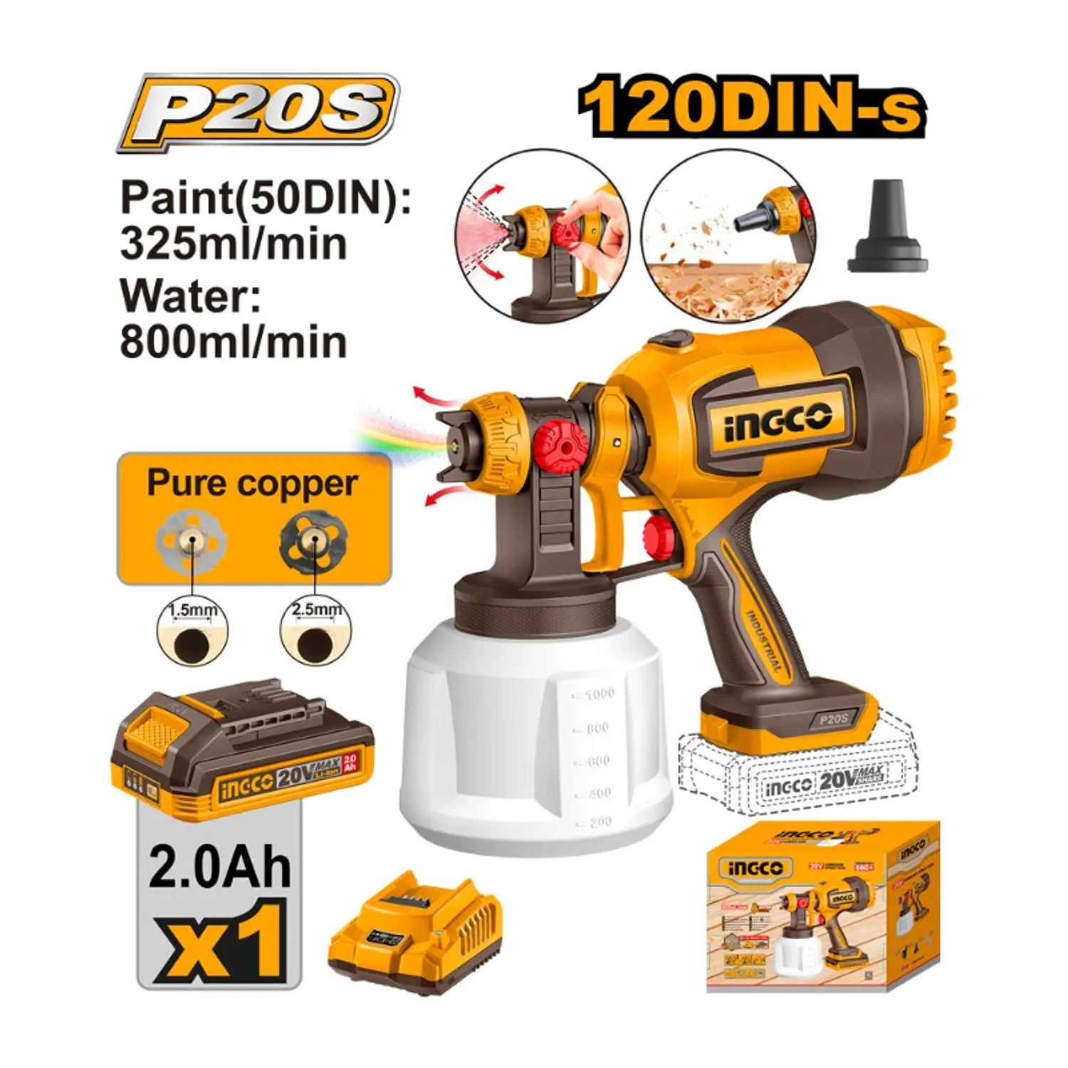 PISTOLA PINTAR INGCO INALAMBRICA 20V 800 ML C/1 BATERIA 2 AH Y 1 CARGADOR # CSGLI20042