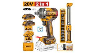 LLAVE IMPACTO 20V-LINTERNA- DADOS IMPACTO INGCO C/2 BATERIAS-1 CARGADOR #COSLI23056 (C)