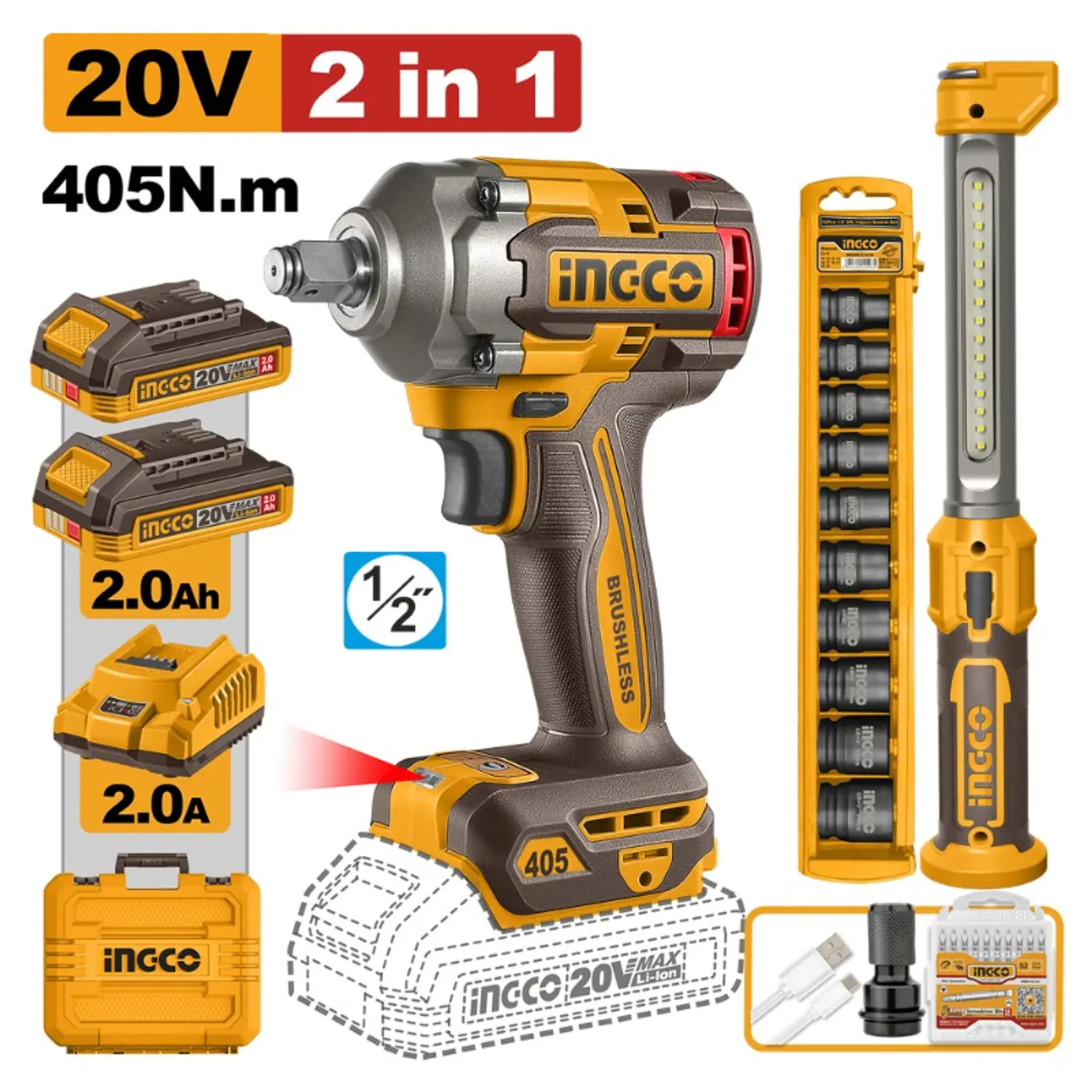 LLAVE IMPACTO 20V-LINTERNA- DADOS IMPACTO INGCO C/2 BATERIAS-1 CARGADOR #COSLI23056 (C)