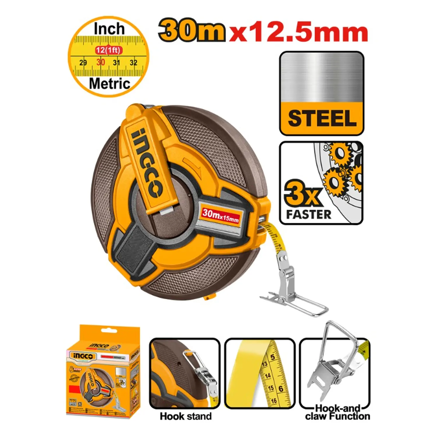 HUINCHA INGCO METRICA DE ACERO 12,5 MM X 30 MTS # HSMT0830