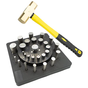 CORTADOR DE DISCO MÁS MARTILLO DE BRONCE Y CEBTRADOR DE GOLILLAS 14 PASOS DE 3 A 25 MM. 