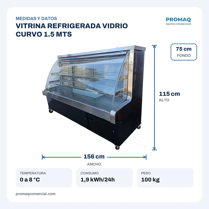 VITRINA REFRIGERADA VIDRIO CURVO 1.5 MTS 2