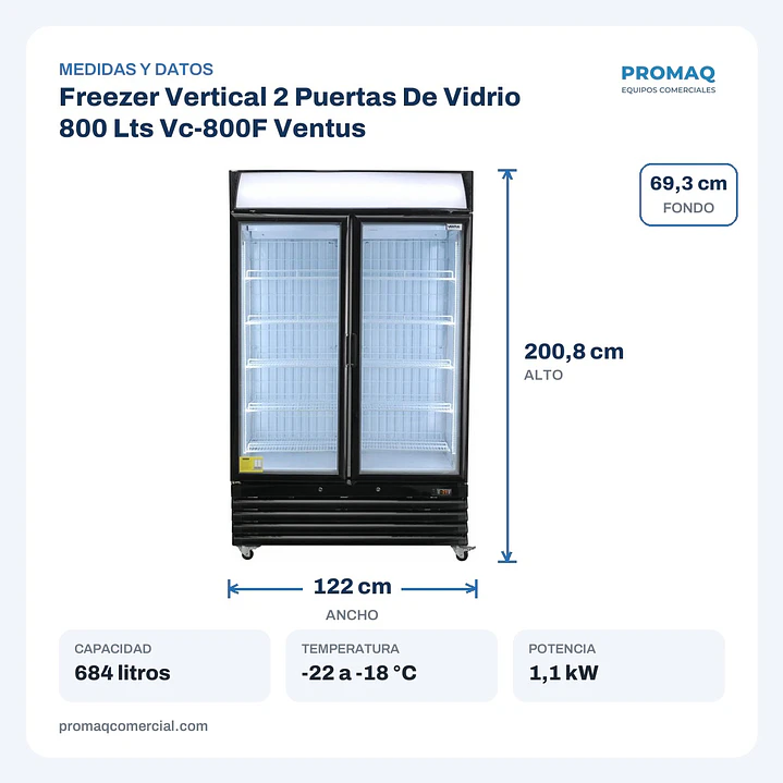 Freezer Vertical 2 Puertas De Vidrio 800 Lts Vc-800F Ventus 2