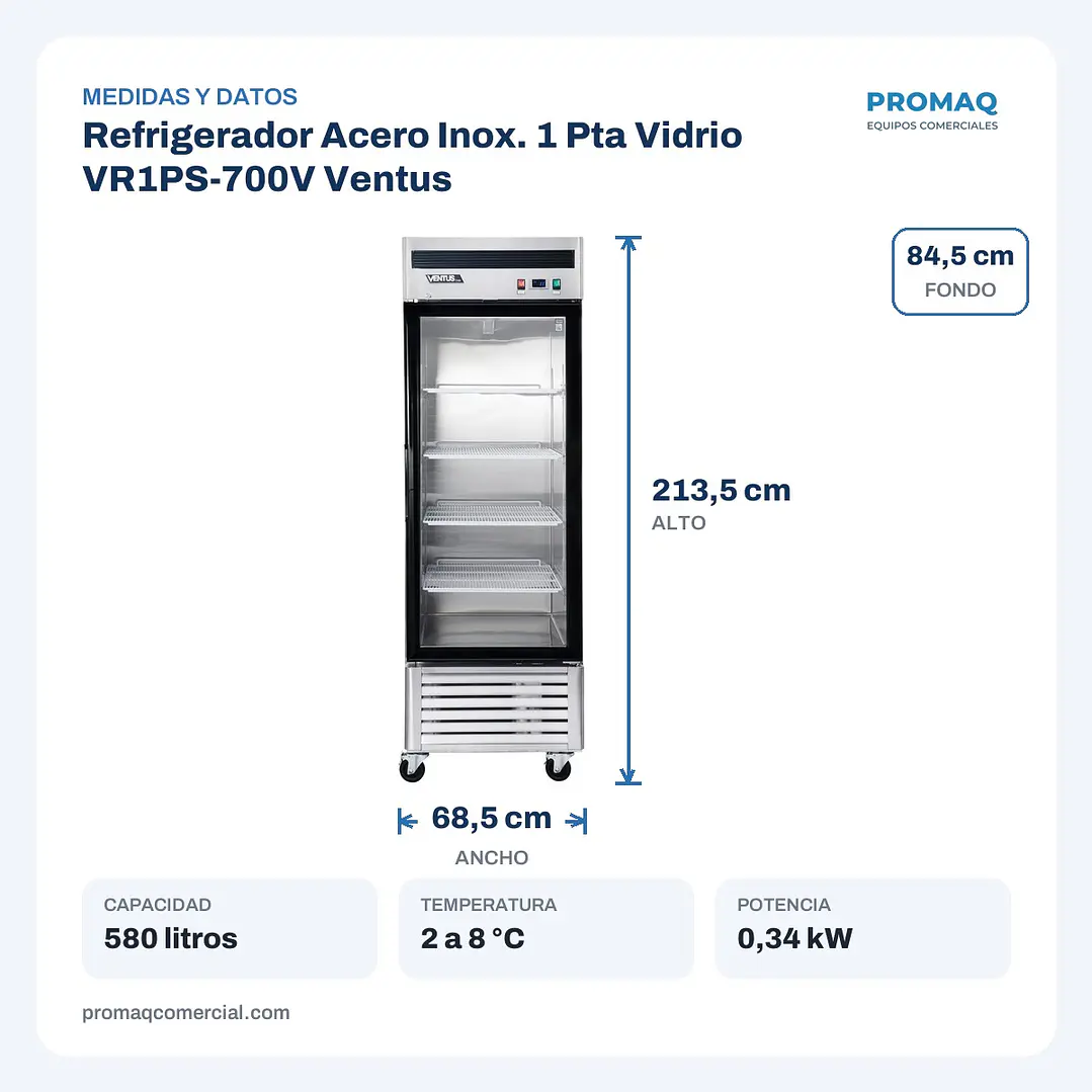 Refrigerador Acero Inox. 1 Pta Vidrio VR1PS-700V Ventus 2