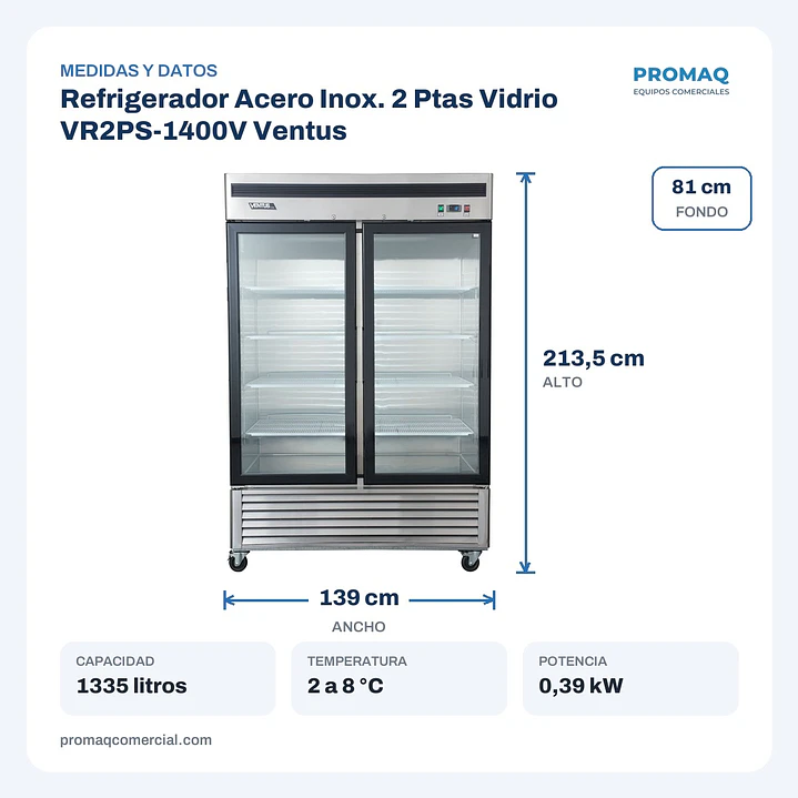 Refrigerador Acero Inox. 2 Ptas Vidrio VR2PS-1400V Ventus 2