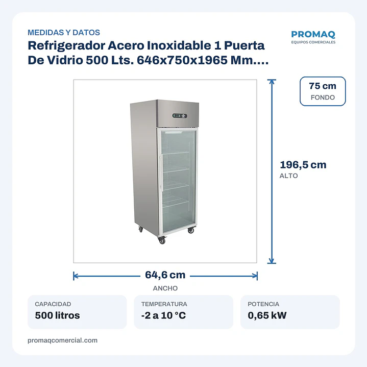 Refrigerador Acero Inoxidable 1 Puerta De Vidrio 500 Lts. 646x750x1965 Mm. Maigas 2