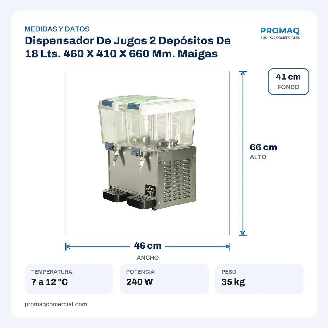 Dispensador De Jugos 2 Depósitos De 18 Lts. 460 X 410 X 660 Mm. Maigas 2