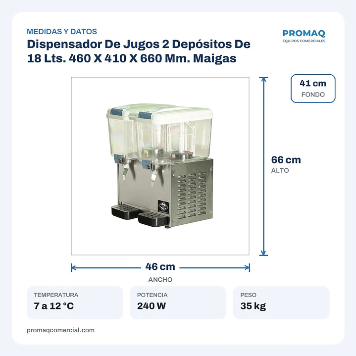 Dispensador De Jugos 2 Depósitos De 18 Lts. 460 X 410 X 660 Mm. Maigas 2