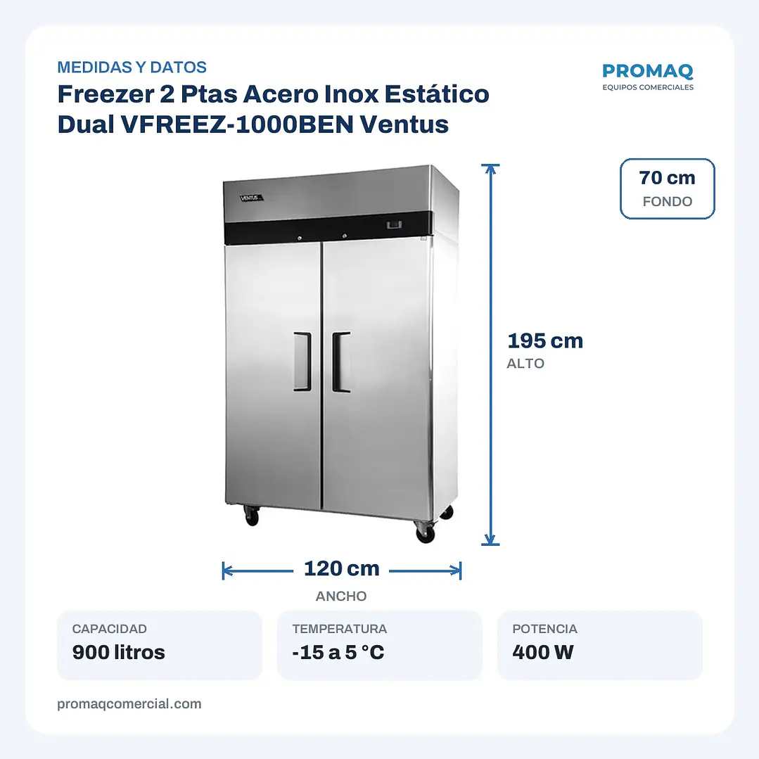 Freezer 2 Ptas Acero Inox Estático Dual VFREEZ-1000BEN Ventus 2