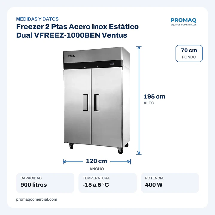 Freezer 2 Ptas Acero Inox Estático Dual VFREEZ-1000BEN Ventus 2