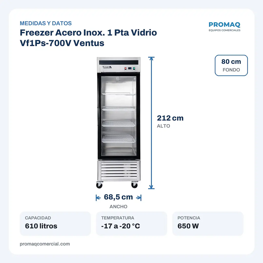 Freezer Acero Inox. 1 Pta Vidrio Vf1Ps-700V Ventus 2
