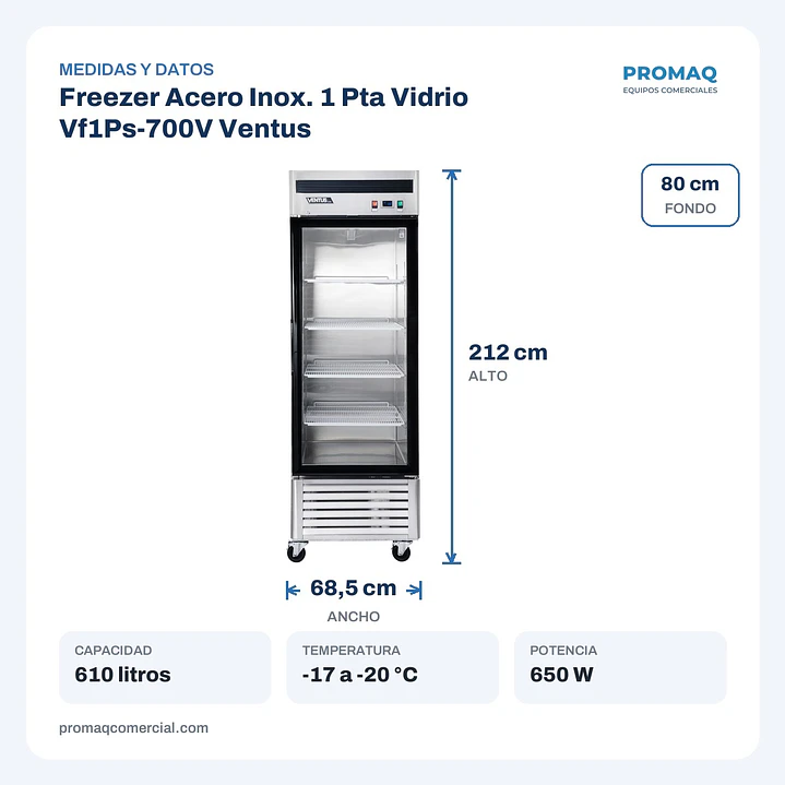 Freezer Acero Inox. 1 Pta Vidrio Vf1Ps-700V Ventus 2