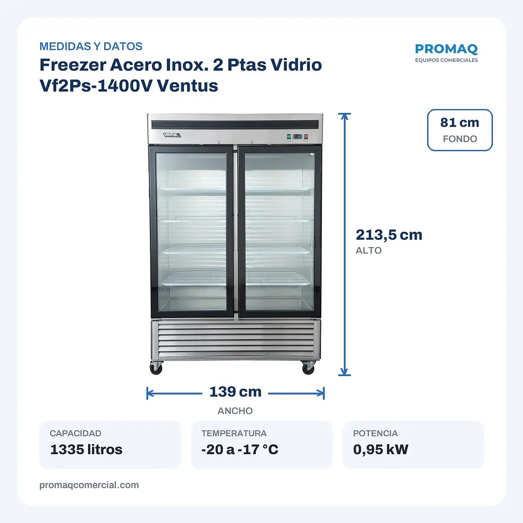 Freezer Acero Inox. 2 Ptas Vidrio Vf2Ps-1400V Ventus 2