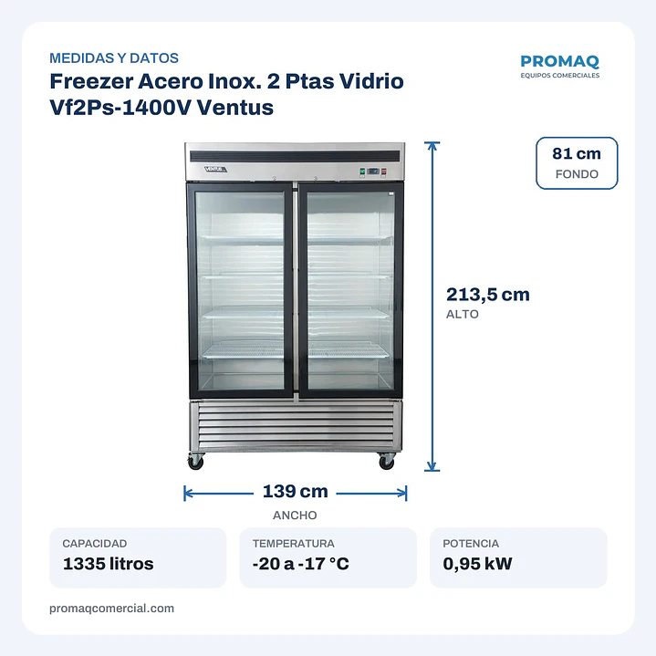 Freezer Acero Inox. 2 Ptas Vidrio Vf2Ps-1400V Ventus 2