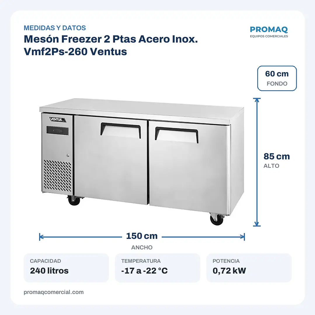 Mesón Freezer 2 Ptas Acero Inox. Vmf2Ps-260 Ventus 2