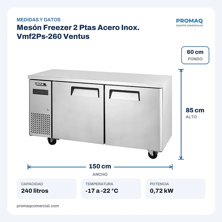 Mesón Freezer 2 Ptas Acero Inox. Vmf2Ps-260 Ventus 2