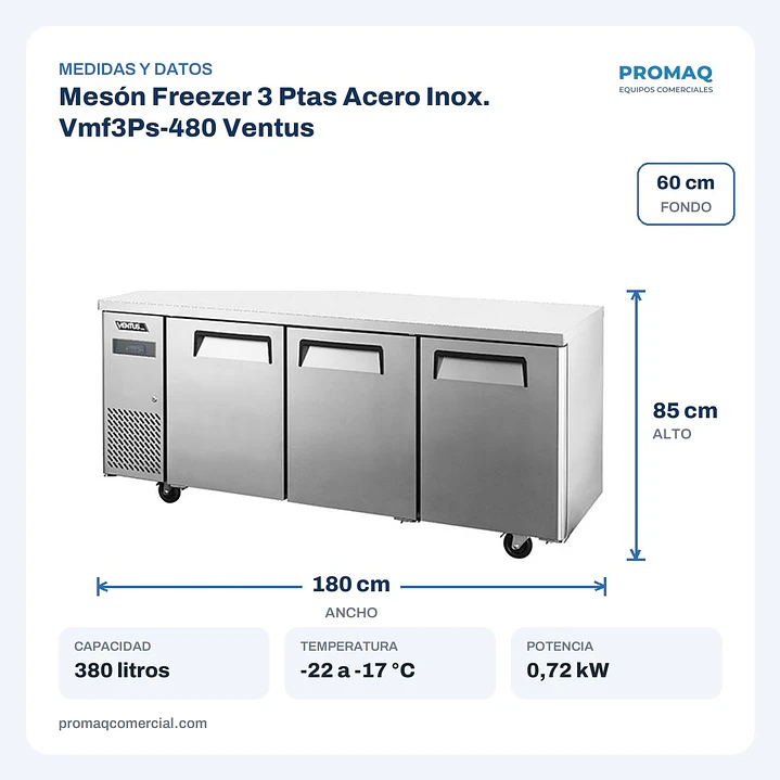 Mesón Freezer 3 Ptas Acero Inox. Vmf3Ps-480 Ventus 2