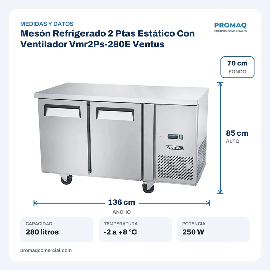 Mesón Refrigerado 2 Ptas Estático Con Ventilador Vmr2Ps-280E Ventus 2