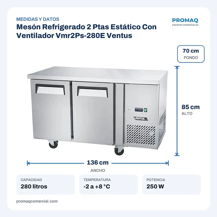 Mesón Refrigerado 2 Ptas Estático Con Ventilador Vmr2Ps-280E Ventus 2