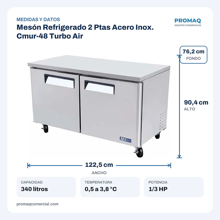 Mesón Refrigerado 2 Ptas Acero Inox. Cmur-48 Turbo Air 2