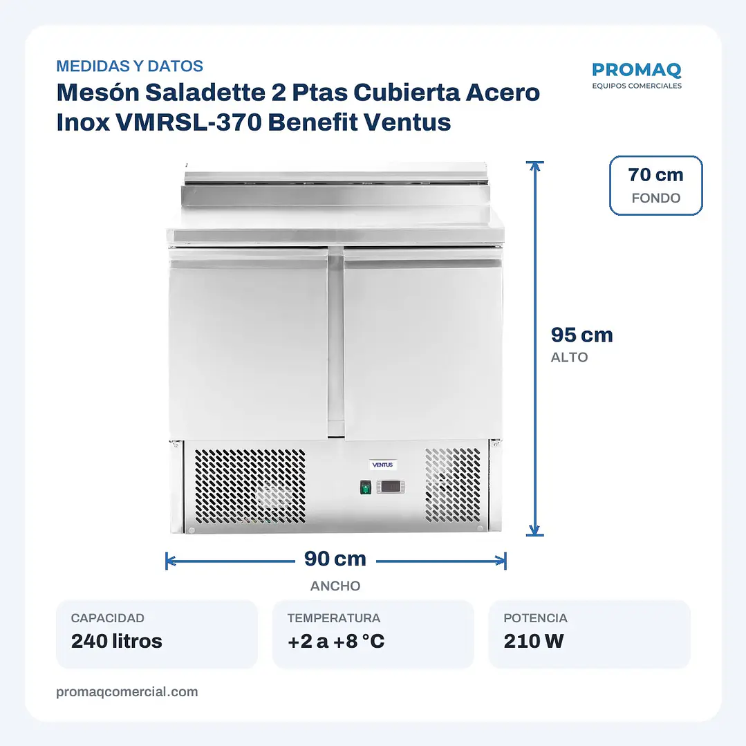 Mesón Saladette 2 Ptas Cubierta Acero Inox VMRSL-370 Benefit Ventus 2