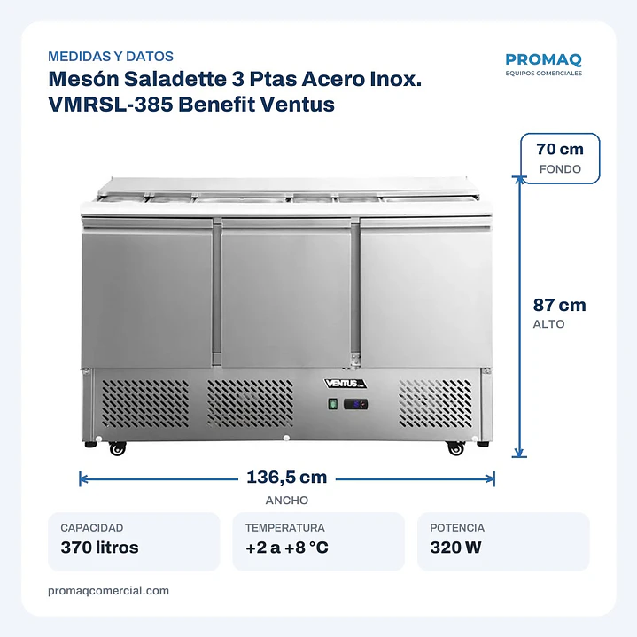 Mesón Saladette 3 Ptas Acero Inox. VMRSL-385 Benefit Ventus 2