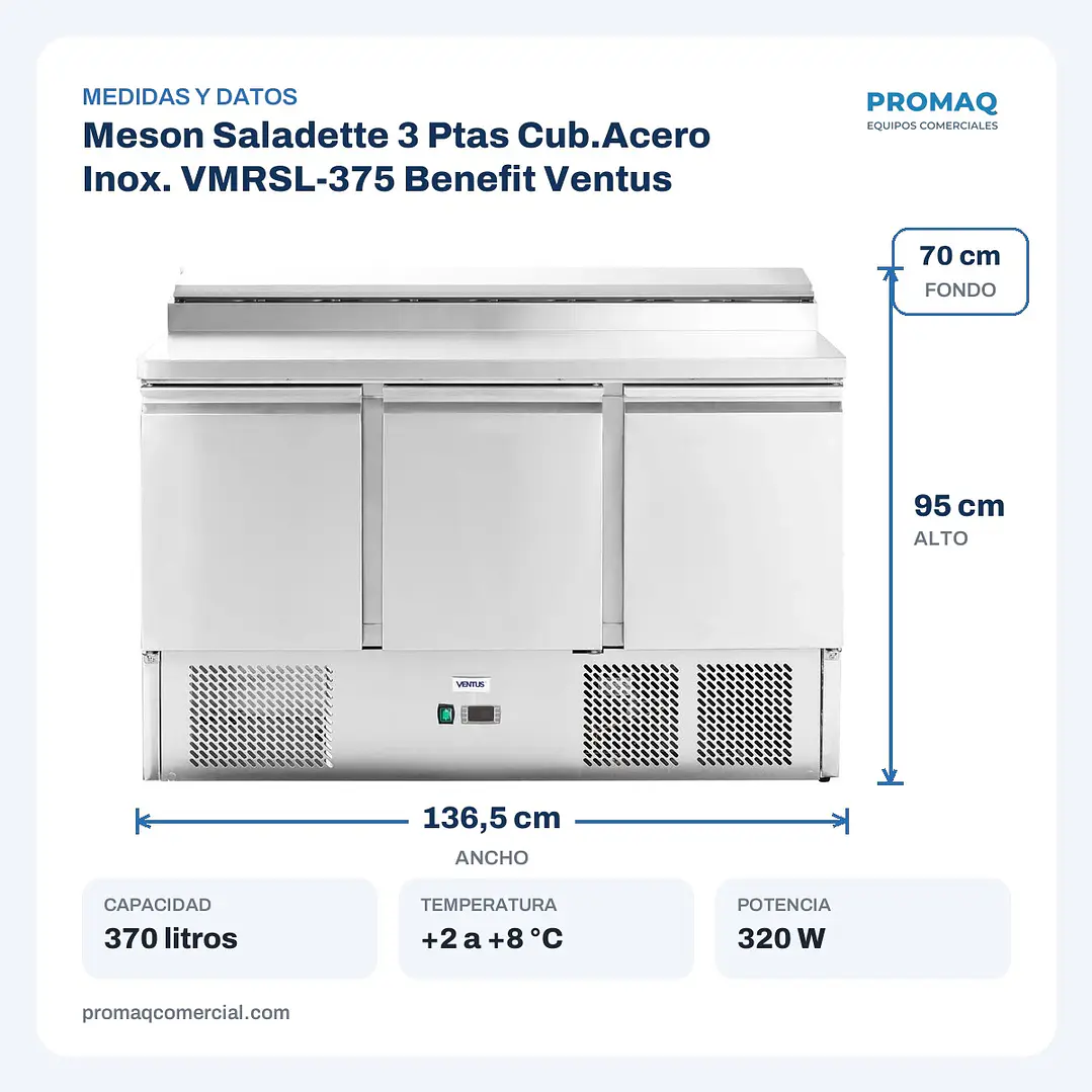 Meson Saladette 3 Ptas Cub.Acero Inox. VMRSL-375 Benefit Ventus 2