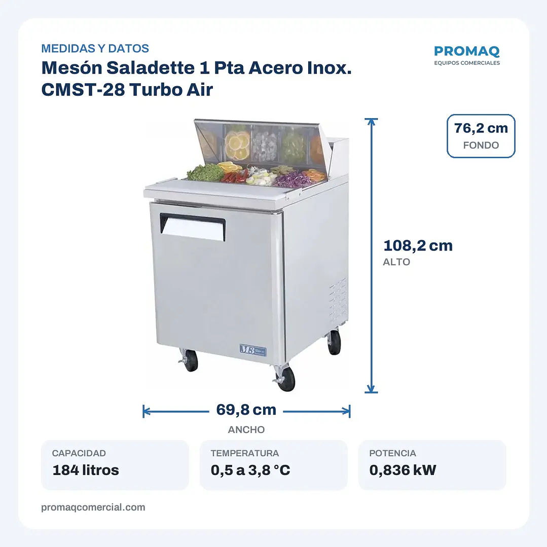 Mesón Saladette 1 Pta Acero Inox. CMST-28 Turbo Air 2
