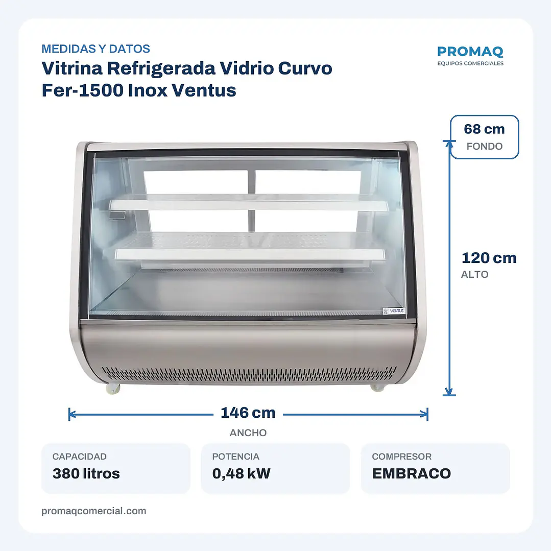 Vitrina Refrigerada Vidrio Curvo Fer-1500 Inox Ventus 2