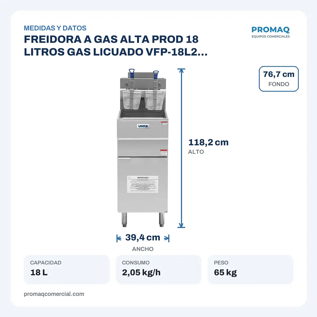 FREIDORA A GAS ALTA PROD 18 LITROS GAS LICUADO VFP-18L2 VENTUS 2