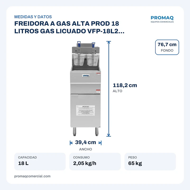 FREIDORA A GAS ALTA PROD 18 LITROS GAS LICUADO VFP-18L2 VENTUS 2