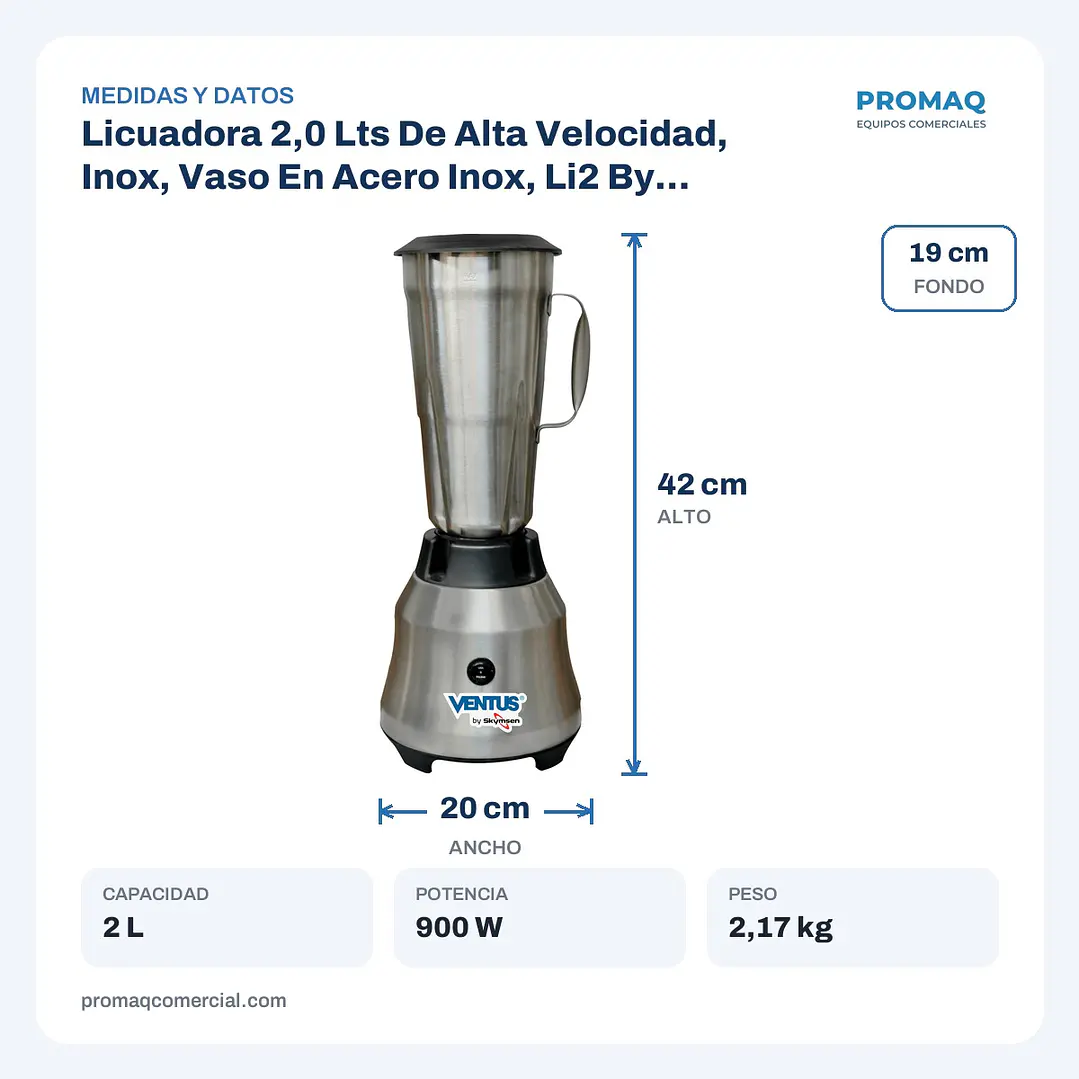 Licuadora 2,0 Lts De Alta Velocidad, Inox, Vaso En Acero Inox, Li2 By Skymsen Ventus 2