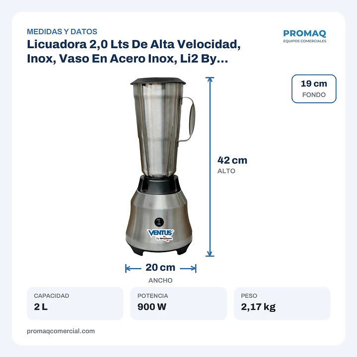 Licuadora 2,0 Lts De Alta Velocidad, Inox, Vaso En Acero Inox, Li2 By Skymsen Ventus 2
