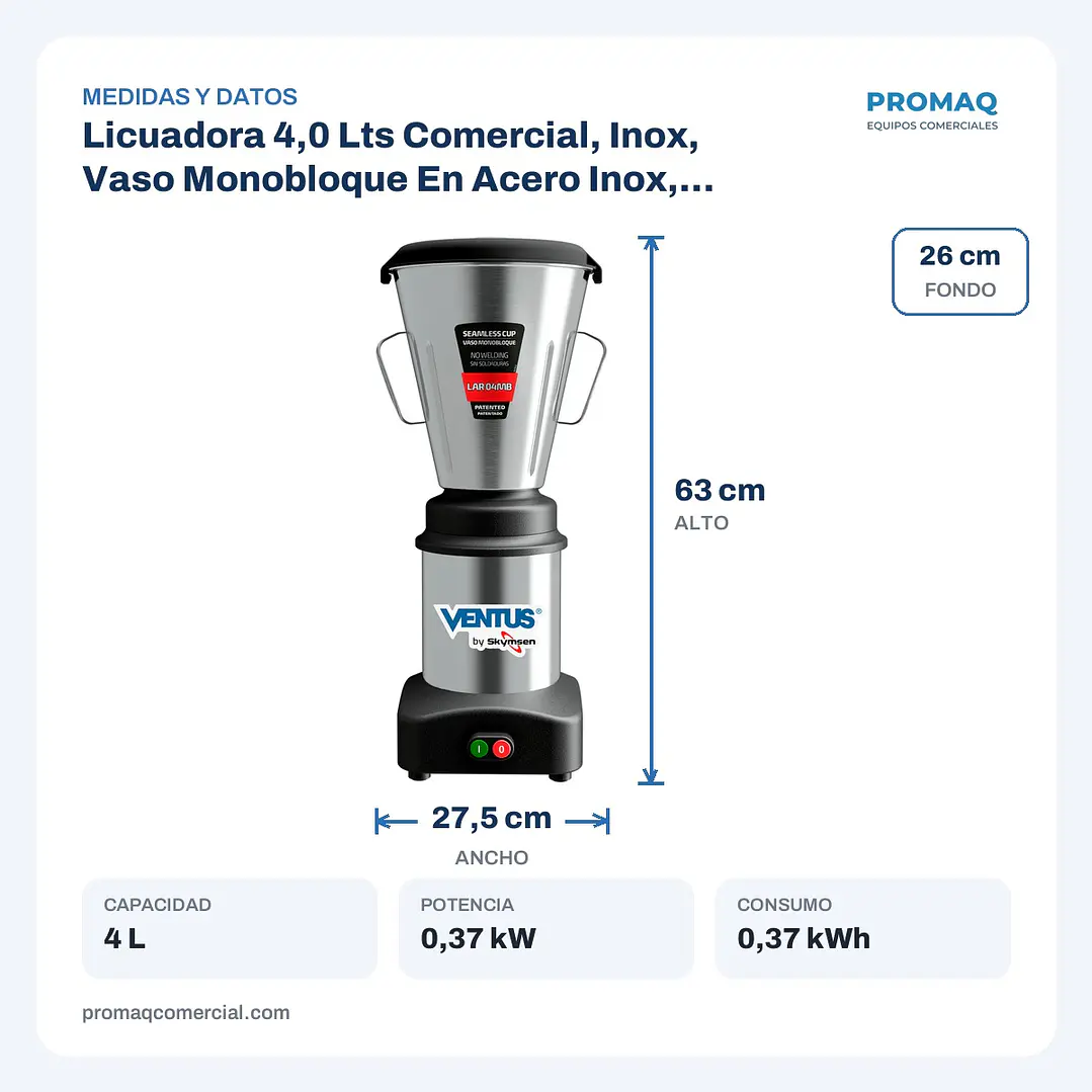 Licuadora 4,0 Lts Comercial, Inox, Vaso Monobloque En Acero Inox, Lar-04Mb By Skymsen Ventus 2