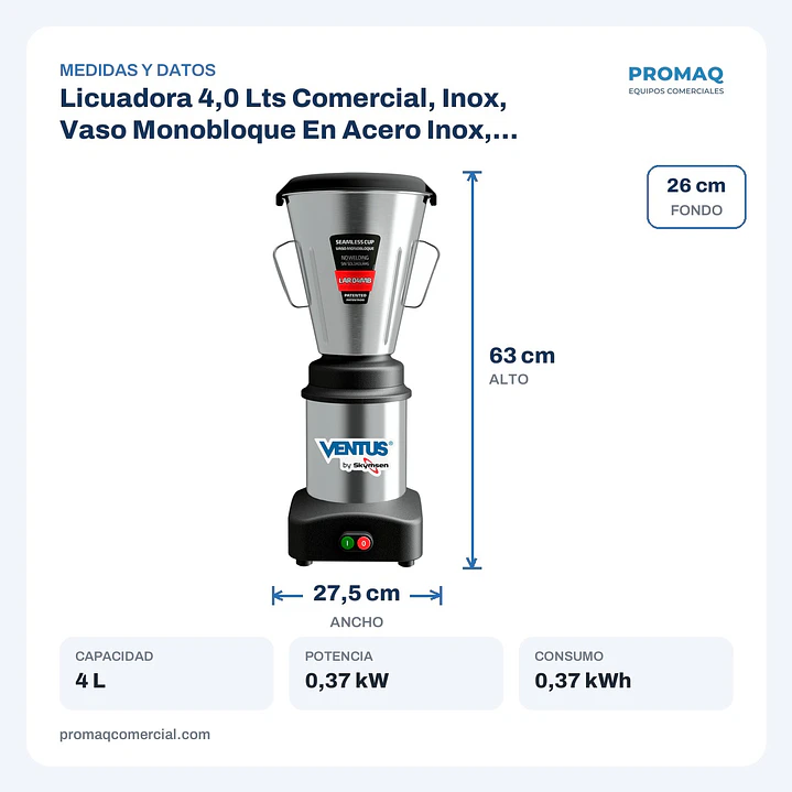 Licuadora 4,0 Lts Comercial, Inox, Vaso Monobloque En Acero Inox, Lar-04Mb By Skymsen Ventus 2