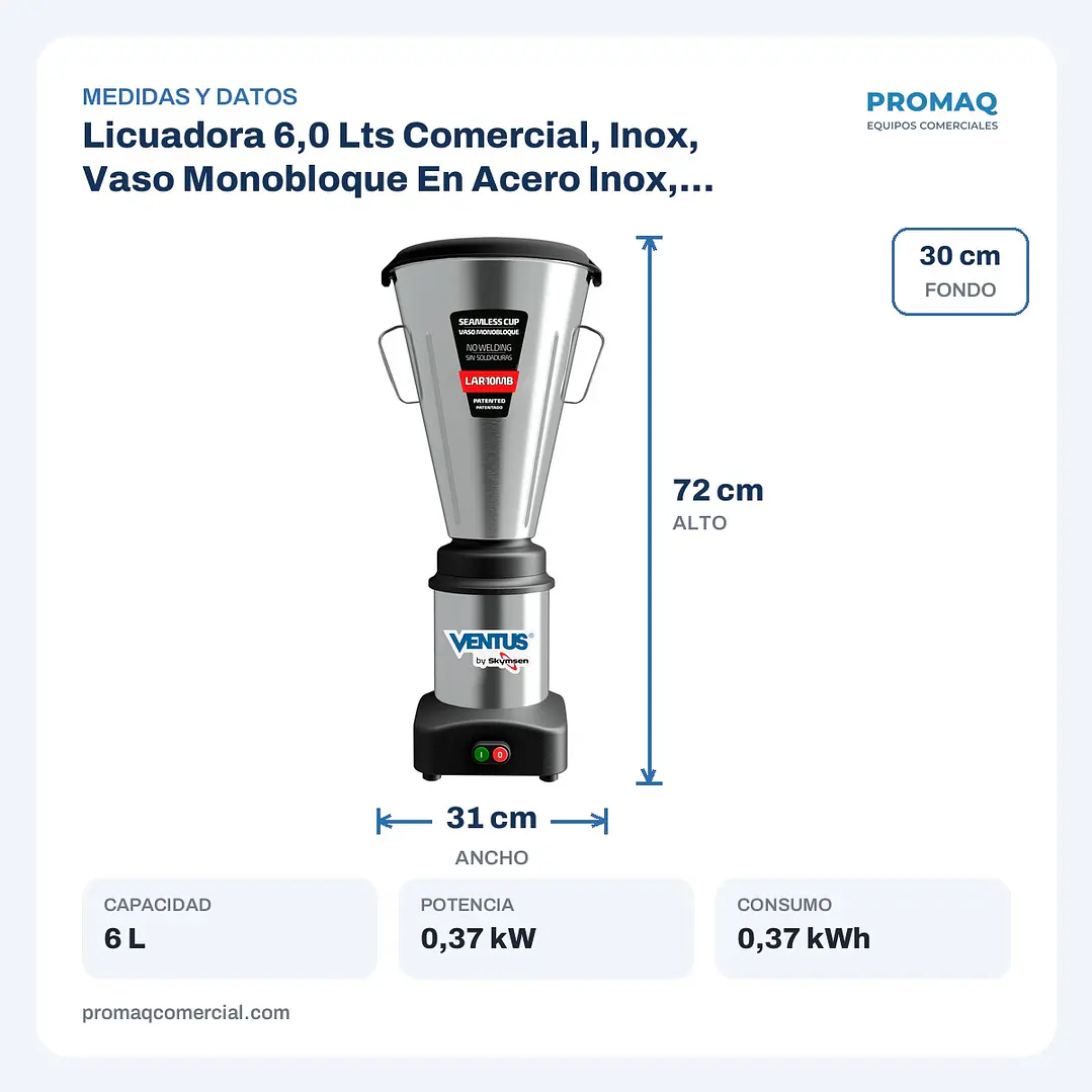 Licuadora 6,0 Lts Comercial, Inox, Vaso Monobloque En Acero Inox, Lar-06Mb By Skymsen Ventus 2