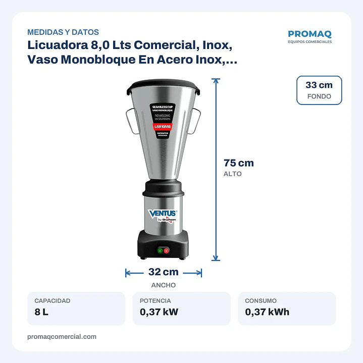 Licuadora 8,0 Lts Comercial, Inox, Vaso Monobloque En Acero Inox, Lar-08Mb By Skymsen Ventus 2