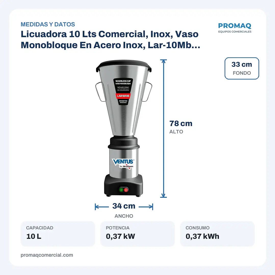 Licuadora 10 Lts Comercial, Inox, Vaso Monobloque En Acero Inox, Lar-10Mb By Skymsen Ventus 2