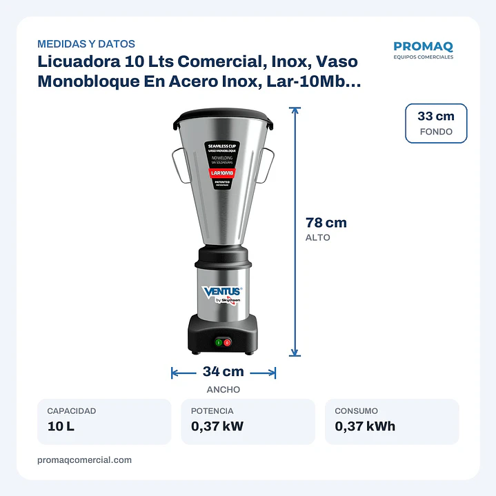 Licuadora 10 Lts Comercial, Inox, Vaso Monobloque En Acero Inox, Lar-10Mb By Skymsen Ventus 2